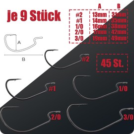 Paradox Fishing Premium Offset Hooks Set of 45 I Each 9 x #2#1 1/0 2/0 3/0 I Dropshot Hooks Cheburashka Hooks