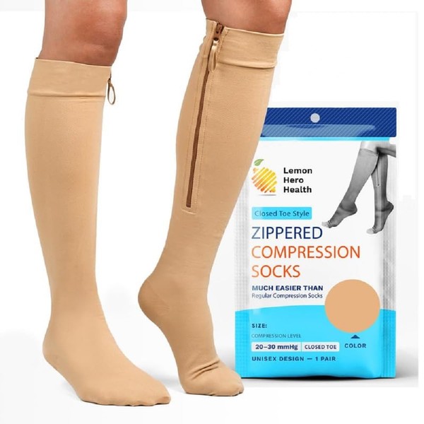 Zipper Compression Socks for Women and Men Closed Toe 20-30 mmhg Medical Zippered Compression Socks with Zip Guard for Skin Protection - 6XL, Beige