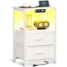 Casaottima White Night Stand with Charging Station and LED Lights, End Table for Bedroom with 2 Fabric Drawers, Small Nightstand with Storage Shelf, Bed Side Table, Bedside Tables