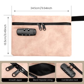 Locked Money Bag with Zipper PU Leather Cash Lock Waterproof Locking Deposit Bag Portable Locking Bank for Documents Home Travels(Pink)