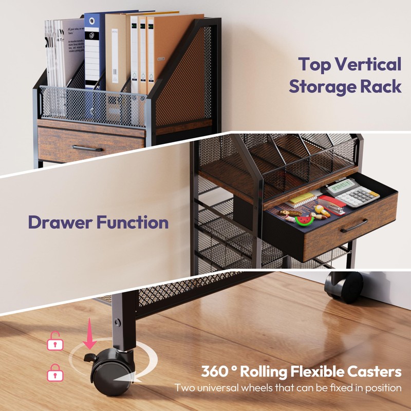 SWTYMIKI 9-Tier Rolling File Cart - Paper Organizer with Drawer