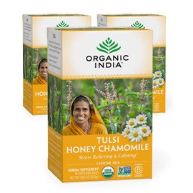 Organic India Tulsi Honey Chamomile Herbal Tea - Stress Relieving & Calming, Immune Support, Adaptogen, Vegan, Gluten-Free, USDA Certified Organic, Caffeine-Free - 18 Infusion Bags, 3 Pack