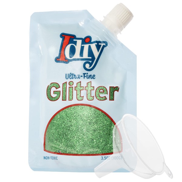 iDIY Ultra Fine Glitter (100g, 3.5 oz Pouch) w Easy-Pour Bag & Funnel-Shamrock Green Extra Fine-Non-Toxic, DIY Art, School Projects, Festivals, Sparkle Decorations, Resin, Gift, Holiday Craft