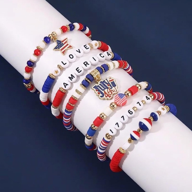 4th of July Bracelet Set, Red White Blue Stretchy Patriotic
