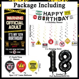 Roetyce 18th Birthday Decorations for Boys Girls, Caution Logos Happy 18th Birthday Banner Backdrop Balloons Hanging Swirls Kit, 18 Years Old Party Yard Door Wall Cover Background