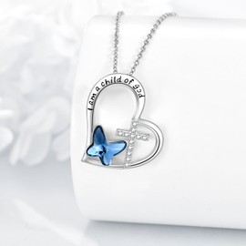SHEAISRS Cross Necklace for Women I Am a Child of God 925 Sterling Silver Butterfly Cross Necklace Jewelry for Women