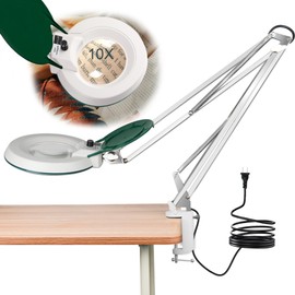 10X Magnifying Glass with Light and Stand,LED Dimmable Lighted Desk Lamp with Clamp,Magnifier Hands Free-Adjustable Stainless Steel Bracket,for Crafts Hobbies Reading Painting Sewing Close Work