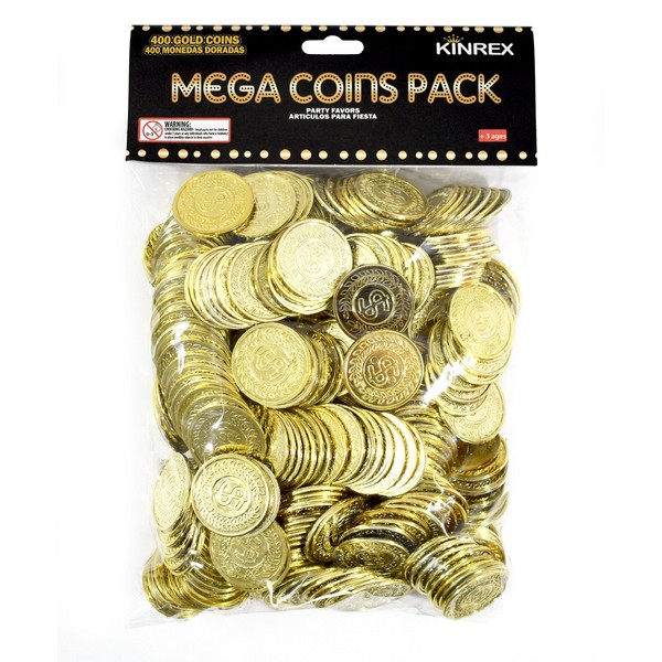 KINREX Plastic Gold Coins – St Patricks Day Realistic Bulk Prop Money for Kids, Toddler, Party, Games, Crafts, Reward, Teachers, Classroom Pretend Play Toys, 400 Count Fake Coins Set