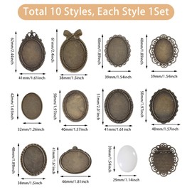 CHGCRAFT 10 Set 10 Style Embroidery Pendant Tray Set Embroidery Brooch Making Kits Round Bezel Pendant Trays Blank Frame for DIY Jewelry Making Crafts Projects, Antique Bronze