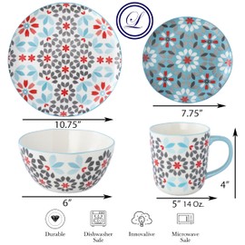 Lorren Home Trends Bone China 16-Piece Dinnerware Set, Floral Pattern with Blue and Red, Microwave and Dishwasher Safe, Service for 4