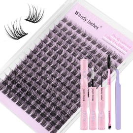 Lash Extension Kit D Curl Cluster Lashes Eyelashes Extension DIY Individual Lashes with Waterproof Lash Bond and Seal and Eyelash Applicator Tweezers Eyelash Brush(YM15 Kit)