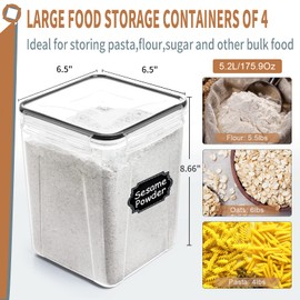 PRAKI Large Airtight Food Storage Containers 5.2L / 195oz, BPA Free, 4pcs Pantry Kitchen Organizers and Storage for Flour, Sugar, Baking Supplies, Plastic Flour Container with 20 Labels & Maker
