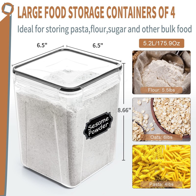 PRAKI Large Airtight Food Storage Containers 5.2L / 195oz, BPA