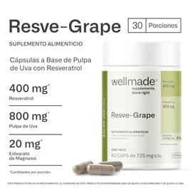 WELLMADE Resveratrol (Fuente de Antioxidantes) con Pulpa de Uva | Suplemento Alimenticio con Resveratrol para Hombre y Mujer | 60 Cápsulas de 400 mg para un Suministro de 30 Dias | 2 Cápsulas al Día