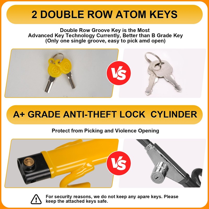 Steering Wheel Lock Anti-Theft Device Adjustable Length Clamp Double Hook