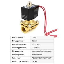 QWORK® Solenoid Valve 220 V, 1/2 Inch, Brass, for Water, Air, Gas, Oil, DN15
