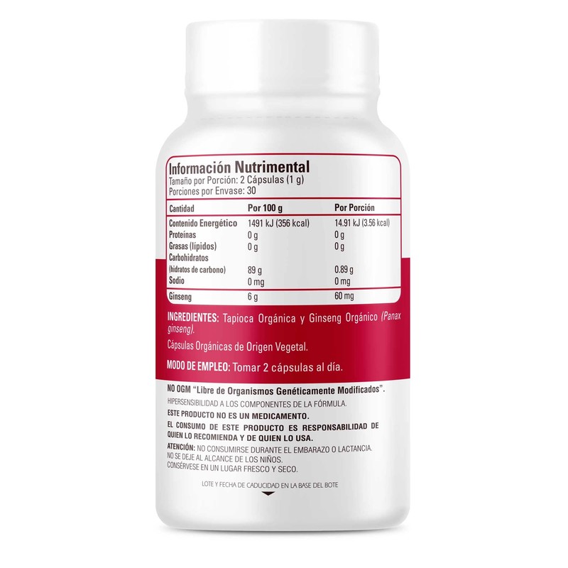 Ginseng Orgánico 60 Cápsulas Vegetales - Organic Side - Certificado