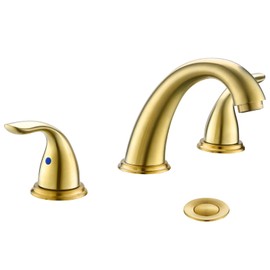 Phiestina 8 Inch Brushed Gold Widespread 2-Handle 3 Hole Bathroom Faucet with Metal Pop-Up Drain Assembly, Low Arc Bathroom Sink Faucet,WF008-5-BG
