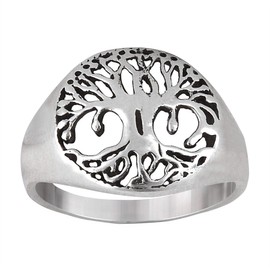 Silverly Women's Men's 925 Sterling Silver Tree of Life Filigree Decorated Round Signet Design Band Ring, Silver