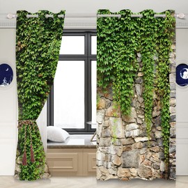 Umpoo Green Ivy Leaf Blackout Curtains Leaves Plants Rustic Stone Wall Spring Scenery Curtain for Living Room Bedroom Home Decoration Window Drapes Fabric Set of 2 Panels, 21x45 Inch