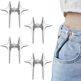 4 Pairs Four-Pointed Star Jeans Buttons Pins, Jean Tightening Clips Jeans Waist Tightener, No Sew Adjustable Button Pins Reusable Tightener Detachable Buttons, Button Adjuster For Jeans, Pants, Skirts