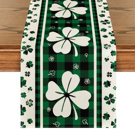Artoid Mode Green Clover Buffalo Plaid Shamrocks St.Patrick's Day Table Runner, Seasonal Kitchen Dining Table Decoration for Indoor Home Party 13x60 Inch