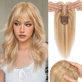 S-noilite Hair Toppers for Women with Bangs Real Human Hair 360° 3D Cover Clip in Bangs 2X6 Coverage Clip in Hairpiece for Women with Thinning Hairline 14Inch (Gloden Brown/Bleach Blonde)