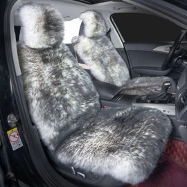 OGLAND 2 Pack Fluffy Sheepskin Car Seat Cover-Fuzzy Fur Auto Cushion for Universal Automotive Protector (Wolf Tipped, 2 Pcs Front Seat Cover)