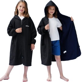 Hiturbo Kids Swim Parka: Diamond Quilted Waterproof Swimming Jacket Windproof Surf Poncho - Lightweight Hooded Swimmer with Quick-dry Changing Towel Lined - Boys Girls 7-12 Years - Black