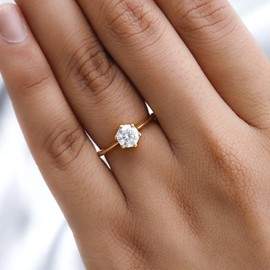 TJC Moissanite Solitaire Ring for Women Engagement Ladies Rings in Yellow Gold Plated 925 Sterling Silver Size K Prong Setting Metal Wt. 1.65 Grams