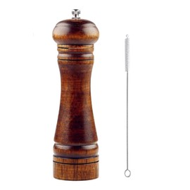 Wooden Pepper Mill or Salt Mill with a cleaning brush - 8 inch tall - Best Pepper or Salt Grinder Wood with a Adjustable Ceramic Rotor and easily refillable - Oak Wood Pepper Grinder for your kitchen