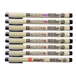 Pigma Micron Sakura 003.005,01,02,03,05,08, Brush, Set of 8, Made in Japan