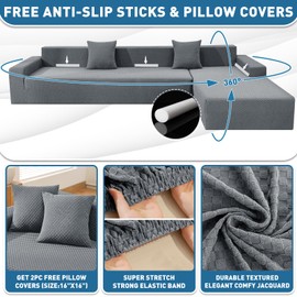 ZNSAYOTX Sectional Couch Covers, Stretch Jacquard Slipcovers with Elastic Bottom for L-Shape Sectional Sofa, 2 Pcs Pet Friendly Modular Sofa Protector (3 Seat Couch + 3 Seat Chaise, Light Grey)