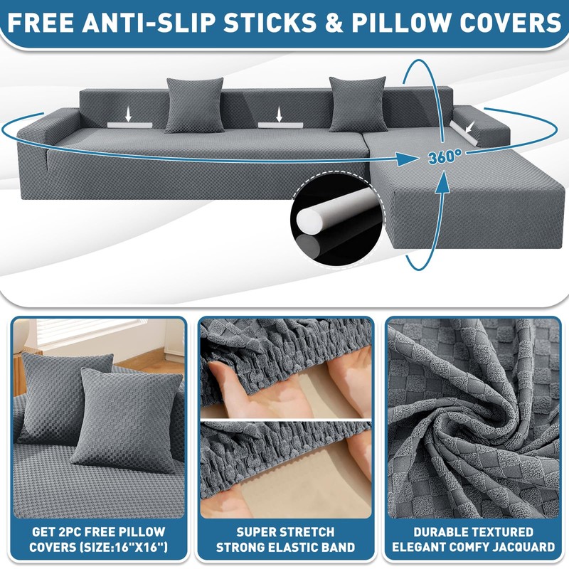 ZNSAYOTX Sectional Couch Covers, Stretch Jacquard Slipcovers with Elastic Bottom