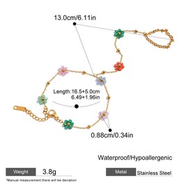 Dainty Flower Beaded Ring Bracelet Hand Chain for Women Stainless Steel 18K Gold Plated Colorful Flowers Daisy Adjustable Satellite Bead Harness Slave Wrist Link Bracelets Boho Jewelry Summer Beach