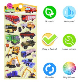 3D Puffy Vehicle Stickers for Kids Toddlers, 4 Sheets Reusable Foam Car and Truck Stickers for Boys, Cute Bubble Stickers with Construction Vehicles Tractors Fire Truck for Potty Training Reward