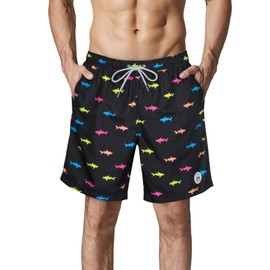 SURF CUZ Mens Swim Trunks 7" Swimming Trunks with Mesh Liner Quick Dry Swim Shorts for Men Swimwear Bathing Suits Pockets,Colorful Sharks,M