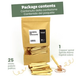 NIRDOSH - Kit Palo Santo PALITO - 25 Palo Santo Wooden Sticks from Ecuador + Copper Pole Holder - Palosanto Wood Original and Organic Palo Santo Incense Bursera Graveolens