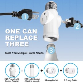 Light Socket to Plug Adapter (2 Pack), 2&3 Prong Light Bulb Outlet Socket Adapter, Professional Heat-Resistant Materials Light Socket Adapter, Light Bulb Plug Adapter for Expansion Sockets - White