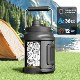 64 oz Insulated Water Bottle for Gym: Meoky Triple Wall Vacuum Stainless Steel Half Gallon Water Jug - Top and Side Handles, 2-in-1 Straw and Spout Lid, Cold for 36 Hrs, Leak Proof for Camping (Night)