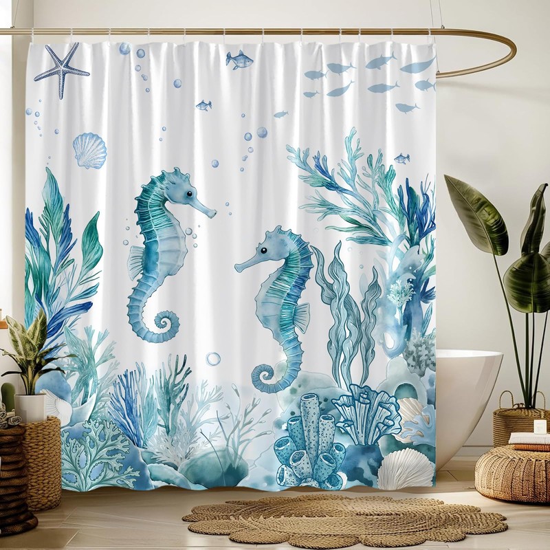 Coastal Seahorse Shower Curtain Nautical Fish Coral Seashell Starfish Beach