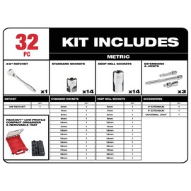 Milwaukee 48-22-9482 32-Piece Metric 3/8 in. Mechanics Ratchet and Socket Set with PACKOUT Case