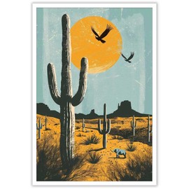 Vintage Desert Landscape Cactus Sunset Poster Giant Saguaro Cactus Artwork Natural Scenery Poster Suitable For Living Room Bedroom Bathroom Kitchen And Other Decoration 12x16in Unframed
