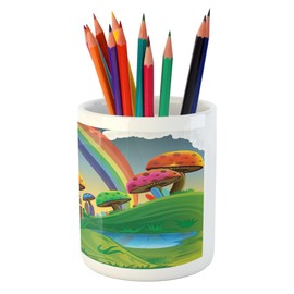 Ambesonne Mushroom Pencil Pen Holder, Countryside Sunny Playful Environment Foliage Rainbow Spring Scenery Room, Ceramic Pencil Holder for Desk Office Accessory, 3.6" X 3.2", Multicolor
