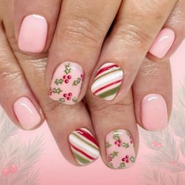 Christmas Press on Nails Short Square Nails Press ons with Cute Holly Fruit Design Red White Green Striped Acrylic Nails Glossy Pink Glue on Nails Winter Xmas Holiday Fake Nails for Women 24Pcs