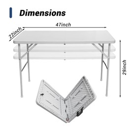 XSMDAUTO 4FT Plastic Folding Table Portable Long Table Rectangular with Carrying Handle Dining Indoor Outdoor for Camping, Picnic and Party，White