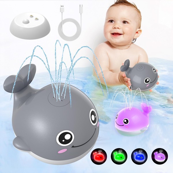 Baby Bath Toys, Kid Odyssey Rechargeable Whale Bath Toys Automatic Induction Sprinkler Bathtub Shower Toys with LED Light, No Hole - IPX7 Waterproof Gifts for 3,4,5 Years for Toddlers