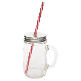 Sunshine Mason Co. Glass Mason Jar Drinking Mug set with handle, Silver lids and Red Stripe Straws, Set of 6