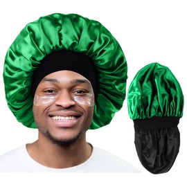 Silk Bonnet for Sleeping,Bonnet for Men and Women,Double Layer Satin Bonnet for Curly Hair Braids,Reversible Sleep Bonnet (Large,Black/Green)