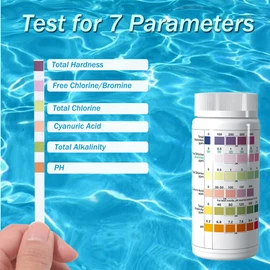 7 Way Test Strips for Hot Tub Pools and Spas 100 Counts, Fast Testing for Free Chlorine, Total Chlorine, Bromine, Total Hardness, Total Alkalinity, Cyanuric Acid and pH Testing (Multi-Color)